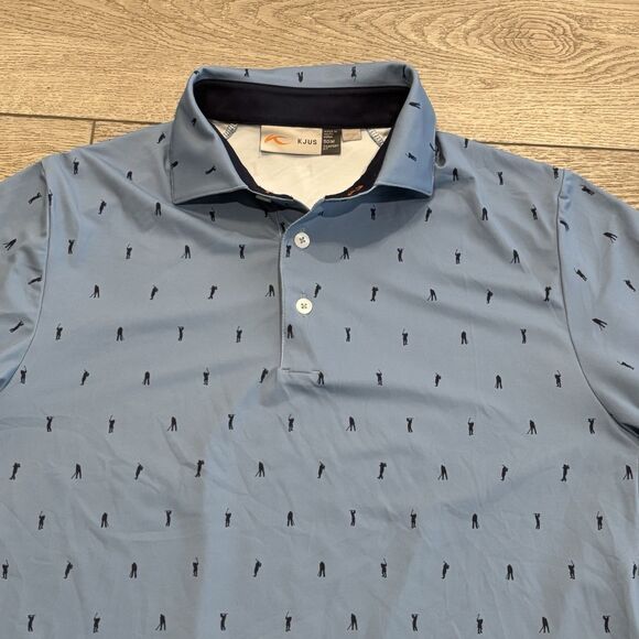 Kjus Golf Polo Mens Medium Blue All Over Print Golfer Pattern UPF Sun - Picture 1 of 8